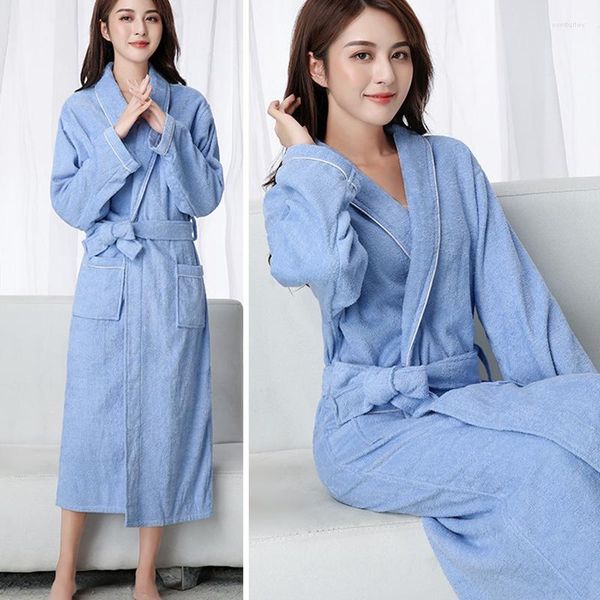 Damen Nachtwäsche Robe Blau Baumwolle Frottee Frottee Extra Lange Roben Braut Frauen Nachthemd Home Bademantel Kleider Frau Weicher Kimono