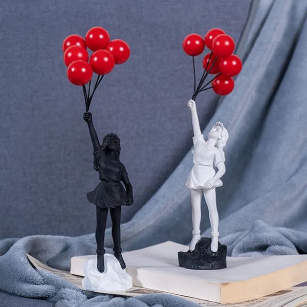 Objetos decorativos estatuetas balão menina escultura estilo Banksy enfeites de mesa balão voando menina resina estátua varanda sala de estar 231117