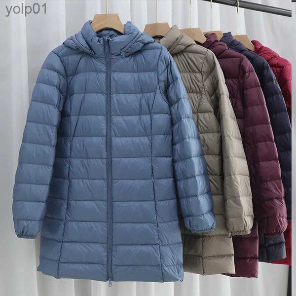 Mulheres para baixo parkas chapéu destacável com capuz para baixo casaco de inverno feminino luz fina pato branco para baixo jaqueta parkas senhoras longo quente tamanho grande puffer outwearsl231118