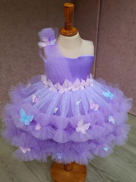 Великолепные пушистые платья для цветочниц с 3 -й бабочкой цветочной жемчужины пурпурный большой лук без спинки на день рождения милый девчонок. Рождественское платье 403 403