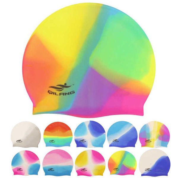 Cuffie da nuoto Donna Uomo Donna Arcobaleno Colorato Impermeabile Silicone Orecchio Protezione capelli lunghi Piscina Cuffia da nuoto Costumi da bagno Cappelli per adulti P230418