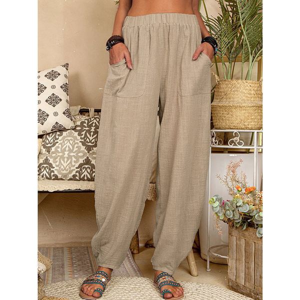 Pantaloni da donna Capris Lucyever Pantaloni in lino di cotone Boho vintage per donna Tasche estive Pantaloni da spiaggia sottili Pantaloni casual Harem larghi a vita alta da donna 230418