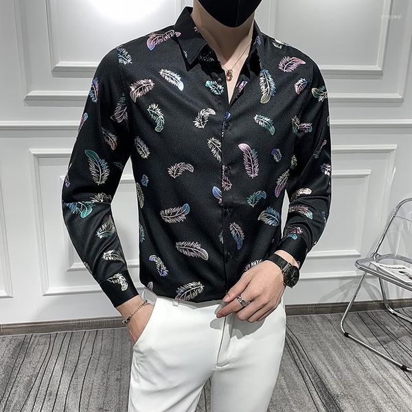 Camicie casual da uomo Camicia a maniche lunghe design inglese per uomo Discoteca Stage Piume colorate Stampato Abito sociale da uomo slim fit Taglia asiatica