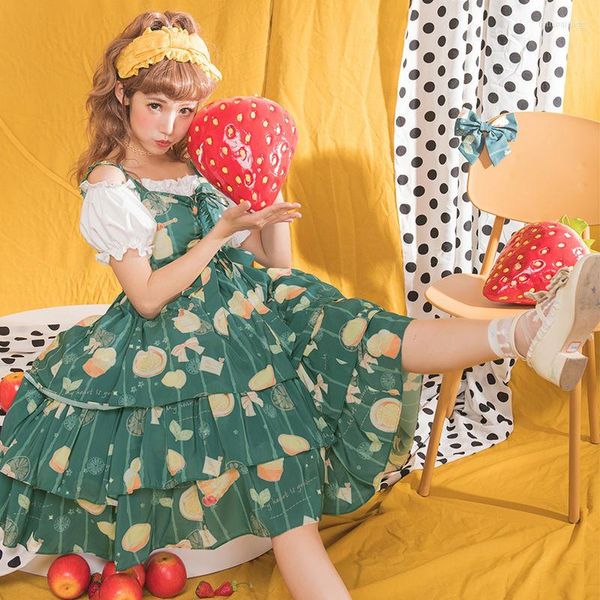 Lässige Kleider japanische süße gelbe grüne Zitronen Lolita Rock Kawaii JSK Hosentender Goth Fairy Kleid