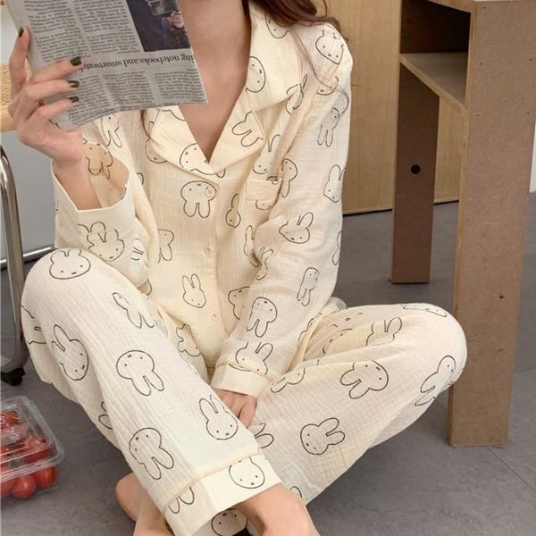 Damen Nachtwäsche 100% Baumwolle Gaze Pyjamas Frauen Koreanische Lange Nachtwäsche Kaninchen Print Pijamas Pyjamas Langarm 2 Stück Damen Set Drop 230418