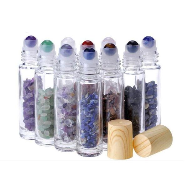 Bottiglie di imballaggio Diffusore di olio essenziale 10 ml di vetro trasparente Roll On con cristalli di pietra di quarzo naturale schiacciato Cristalli Rolle Dhgarden Dhuzt