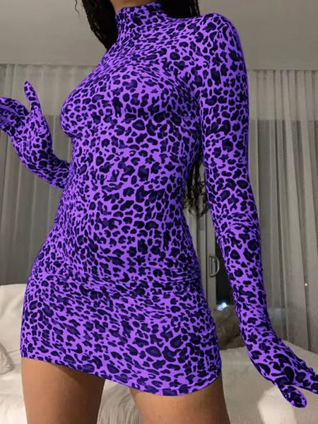 Vestidos casuais básicos OMSJ Natal Dres 2023 outono manga longa leopardo impressão magro mini com luva bodycon gola alta vintage festa 231118