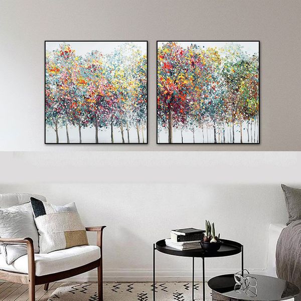 Pintura de lona abstrata árvores coloridas pintando óleo, modernos pôsteres de arte de parede nórdicos e estampas para decoração de casa de sala de estar decoração