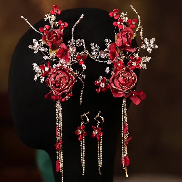 Hochzeitshaarschmuck Paar chinesischer Brautburgunderblumen Strass Strass Tassels Haarklammern ethnischer Stil rotes Barrettes Hochzeitshaarschmuck 231118