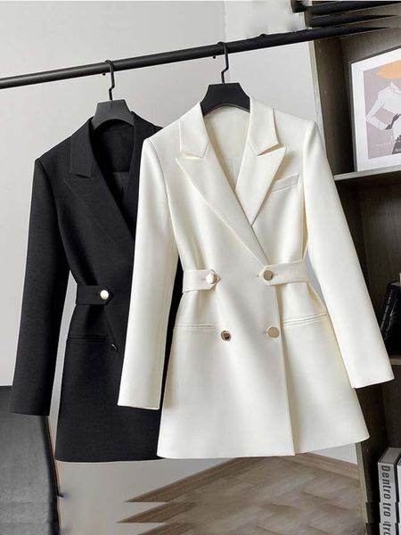 Abiti da donna Blazer Moda Donna 2023 Vita Slim Doppiopetto Abito Giacca Primavera Colore puro Elegante Dritto Bianco 230418