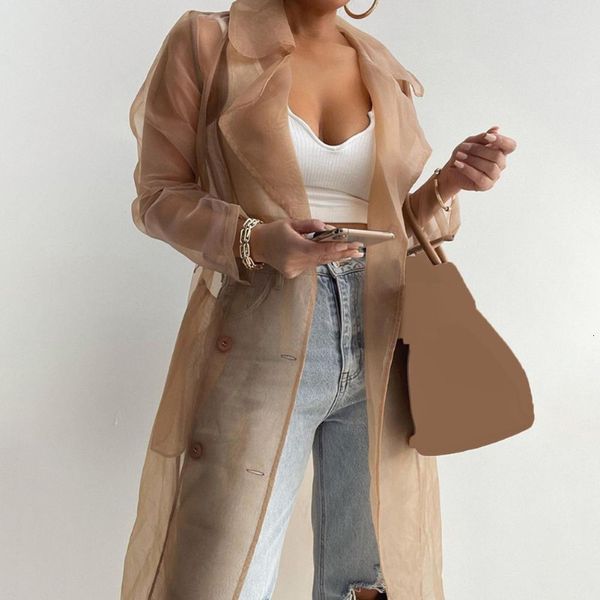 Giacche da donna Camicie eleganti Trench coat per donna Moda See Through Lace Up Spring Solid Sheer Mesh Manica lunga abbottonata con cintura 230418