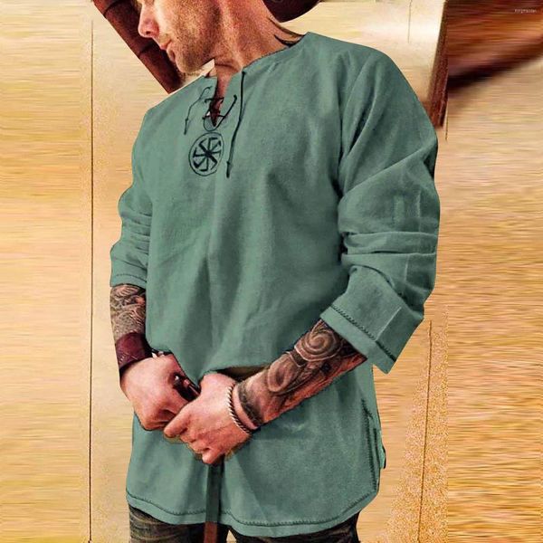 Erkekler Sıradan Gömlek Nakış Gevşek Erkekler Uzun Kollu Düz Renk Üstleri Retro Pamuk Keten Bandaj Dantel Yukarı Bluz Ortaçağ Giysileri