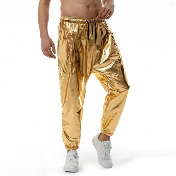 Calça masculina traje de dança de rua do hip hop masculino metálico brilhante calça elástica calça elástica carnaval disco partido clube de partido performance