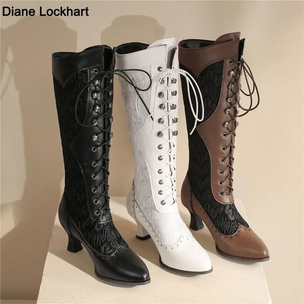 Stiefel Damen, viktorianisch, spitzer Zehenbereich, mittelhohe Stiefel, Leder, Spitze, aushöhlen, Punk, Schnürung, seltsame Steampunk-Schuhe mit hohem Absatz, Übergröße 32–43, 231117