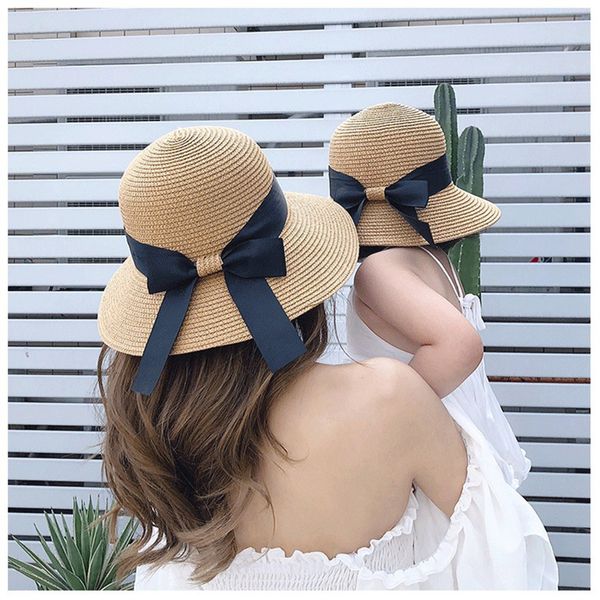 Caps Hüte Mutter Kinder Strohhut Baby Mädchen Big Bow Beach Cap Big Brim Sommer Sonnenhut Erwachsener Sonnenhut Frauen Bucket Hat Panama Caps 230418