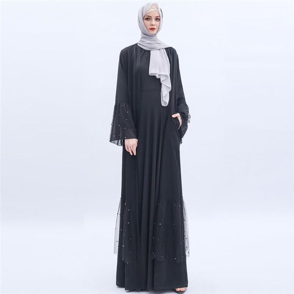 Sıradan elbiseler yaz kadınlar uzun parlama kollu inci boncuklu örgü organza net düz nida siyah müslüman açık abaya elbise moda dubai