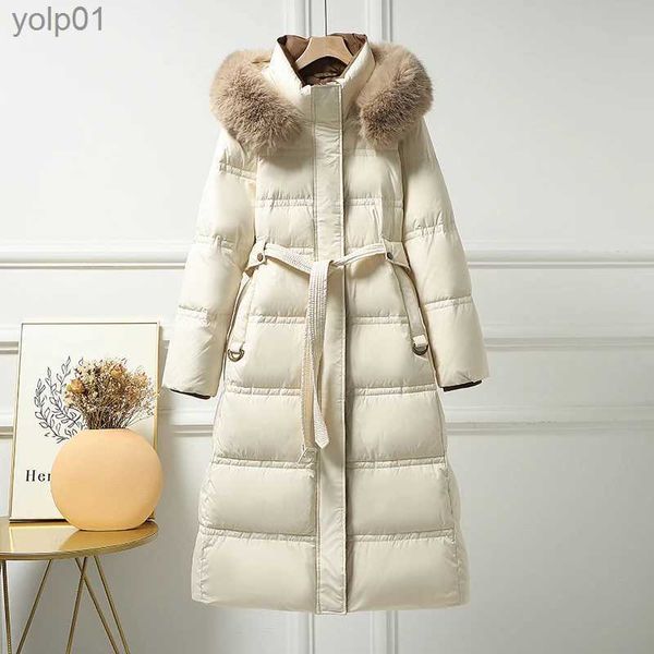 Parkas femininas jaqueta de inverno 2023 acolchoada pato branco casaco com gola de pele real/pele sintética quente e leve roupasL231118
