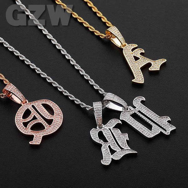 Mens Capital Ancient 26 Englische Buchstaben Anhänger Halsketten Alte Schriftart Anfangsbuchstabe Echt 18 Karat Gold Bling CZ Stein Hip Hop Personalisierter Schmuck Zubehör Colar Geschenk