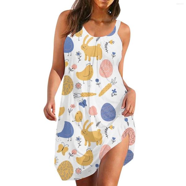 Lässige Kleider Ostern Sommer Frauen ärmelloses Ei Muster Tank Weste Tunika Partykleid lang für die Dame