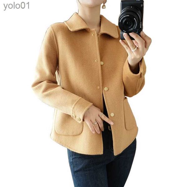 Женское шерстяное пальто на осень и зиму, новое шерстяное двустороннее пальто, женское короткое пальто с маленьким кукольным воротником, шерстяное пальто для мамы, тонкое повседневноеL231119