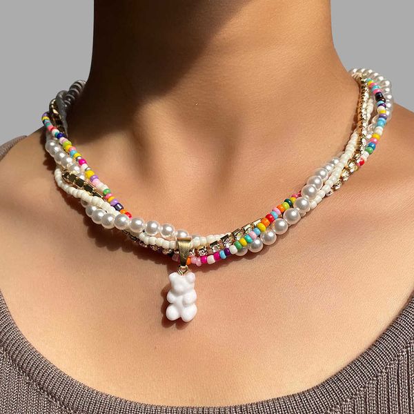 Collane con ciondolo 4 pzset Y2k multistrato colorato gommoso orso perla collana di perline per le donne cristallo arcobaleno perline girocollo collane gioielli Z0417