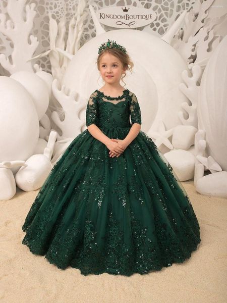 Kız Elbiseler Zümrüt Yeşil Dantel Tül Yarı Kollu Çiçek Uygulamaları Geri Büyük Yay Sekik Bown Elbise Çocuk Parti Elbise
