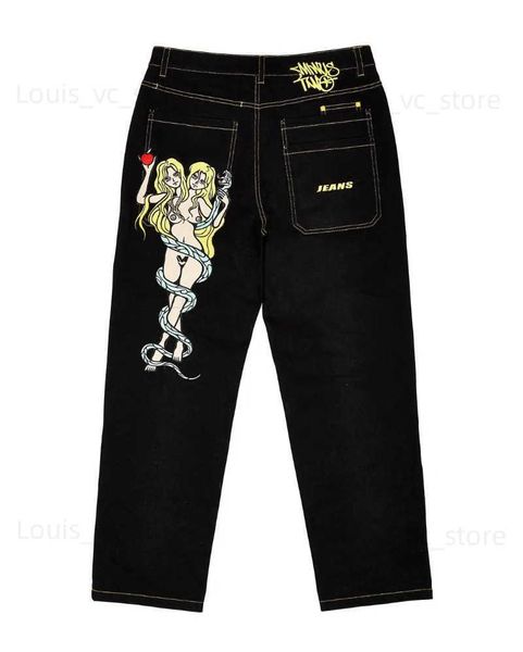Jeans masculinos 2023 hip hop streetwear jeans masculino moda diabo impressão cintura baixa em linha reta calças de perna larga retro casual solto denim calças t231118