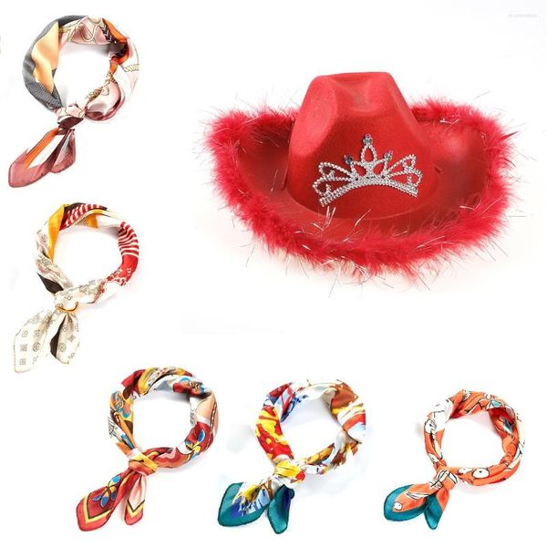 Chapéus largos de aba vaza para mulheres com lenço quadrado estilo ocidental tiara menina rosa cowboy boné férias de férias