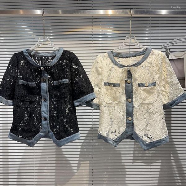 Jackets femininos Prepomp 2023 Summer Collection Halve Hanve Lace Hook Flower Denim Patchwork Jacket Short Women Slim Casat 091