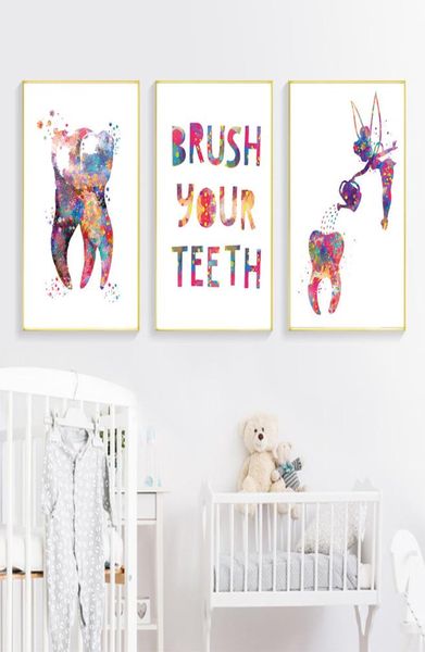 Pôster dental dente fada rega arte de parede impressões em tela pintura em aquarela clínica dentista decoração fotos de parede quarto de crianças 9835174