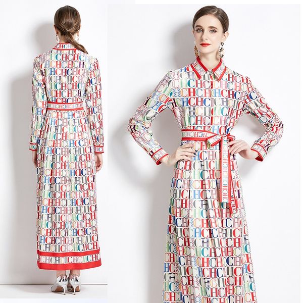 Revers Band Schleife Frau Maxi Kleid Designer Robe Langarm Eleganter Druck Schlank Urlaub Taillierte Kleider 2023 Herbst Winter Lässig Vielseitig Runway Party Kleider