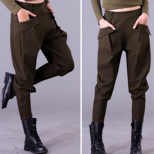 Женские брюки Capris Женские брюки Осень и зимние брюки для гаремов. Женские брюки были тонкими эластичными брюками по талии больших размеров брюки редьки черные 230418