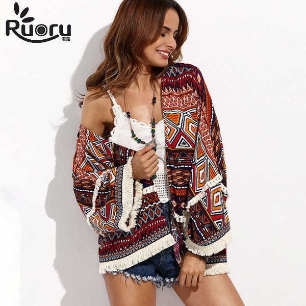 Abbigliamento per la protezione solare Ruoru Bohemian Beach Wear Kimono Cardigan Tunica Donna Top e camicette Camicia top boho frange beach cape Beach Sunscreen Abbigliamento P230418