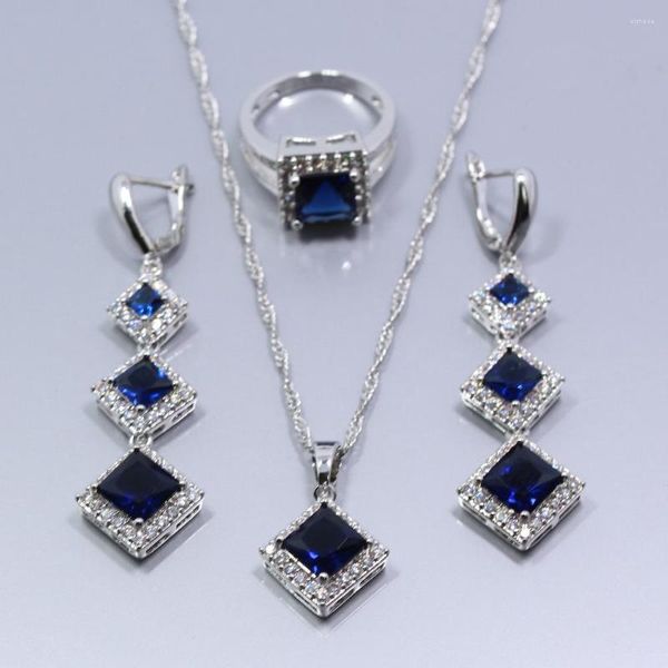Halskette Ohrringe Set Charming Silber Farbe Blau Zirkon Schmuck Für Frauen Ohrring Ring Anhänger Halsketten Kette Kostenlose Geschenkbox T41