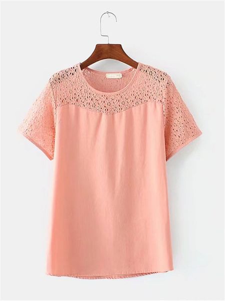 T-shirt da donna Taglie forti Abiti per t-shirt estiva Tessuto ritagliato in pizzo Cuciture con tessuto in cotone e lino naturale Camicia sottile di grandi dimensioni 230418