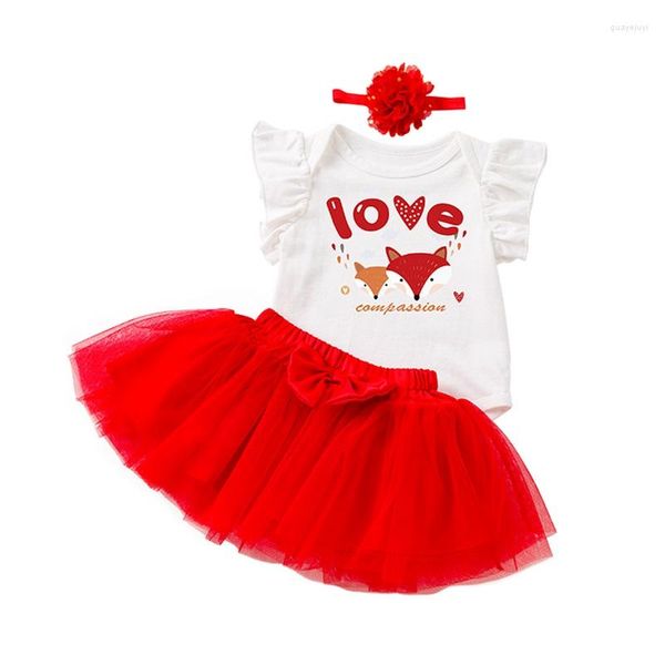 Set di abbigliamento Il mio primo San Valentino Abiti Infantile Neonata Manica corta Pagliaccetto Lettera Body Tutu di pizzo Gonna Fascia 3 pezzi