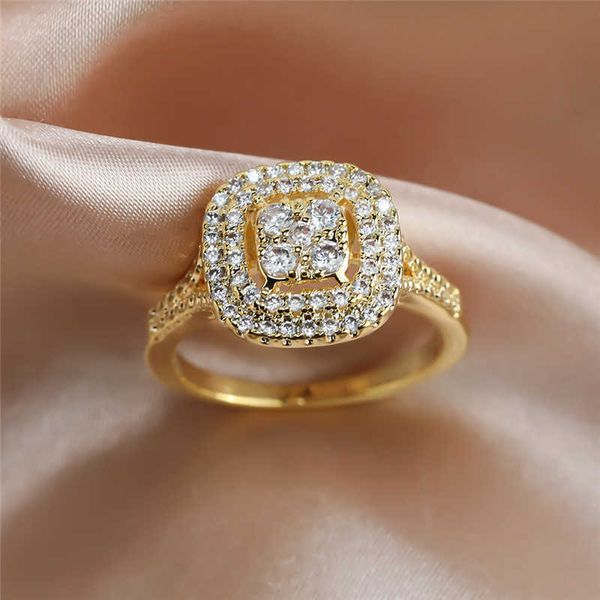 Anéis de banda de luxo feminino pequeno branco redondo anel de cristal vintage rosa ouro cor anéis de casamento para mulheres bonito quadrado zircão anel de noivado aa230417