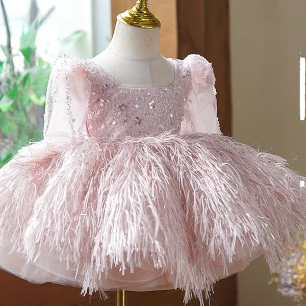 Kızlar pembe tüy çiçek kız pullu parlak prenses balo elbiseleri kabarık tül ilk cemaat etekleri tutu çocuk balo doğum günü düğün elbisesi 403
