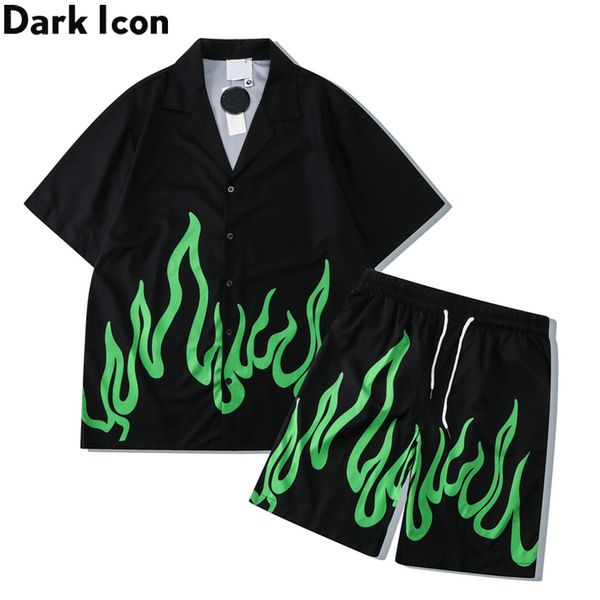 Мужские спортивные костюмы Dark Icon Green Flame Holiday Bech Set Men Summer Hawaiian рубашка и короткие 230418