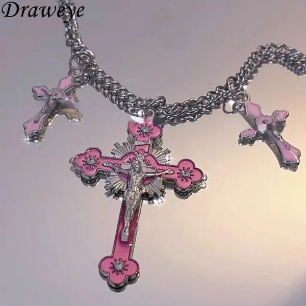 Anhänger Halsketten Draweye Rosa Kreuz für Frauen Y2k Mode Gothic Paar Schmuck Japan Stil Metall Ketten Halsreifen Halskette 231117