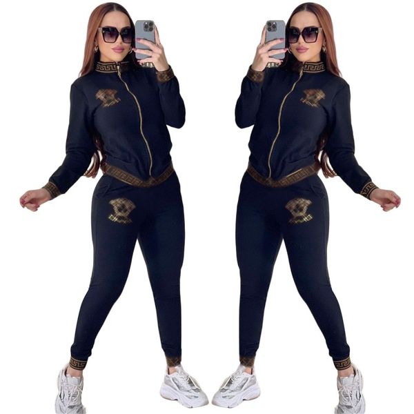 Tute firmate Casual Set a due pezzi Abbigliamento donna Felpe con maniche lunghe con cerniera e pantaloni sportivi abbinati Pantaloni a maniche lunghe color oro bronzato autunnale