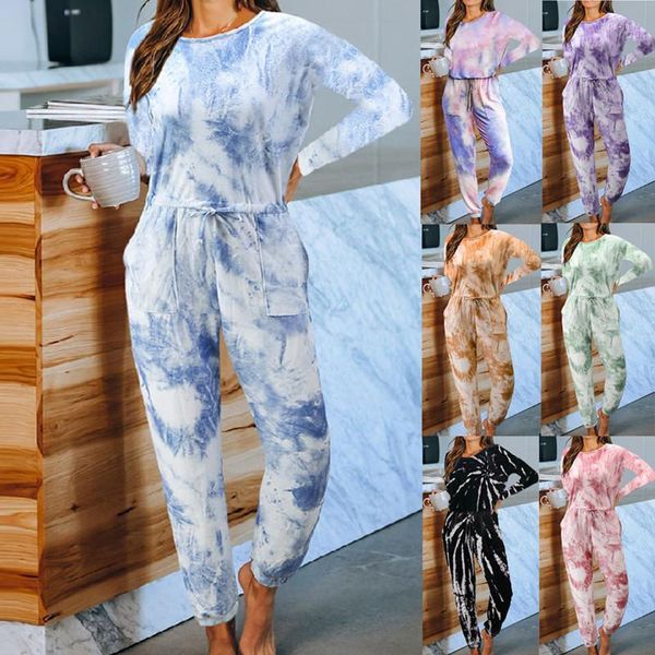 Tute da donna Fashion Girocollo LoosePiece Pigiama Suit Autunno Donna Casual Tuta Set Tie Dye Pagliaccetto manica lunga