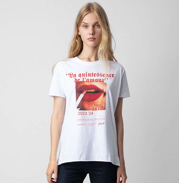 24ss Zadig Voltaire Novo Nicho Designer Moda Pulôver T-shirt Estilo Clássico Flaming Red Lip Impressão Digital Algodão Casual Simples Mulheres Branco Manga Curta Tee Tops zv