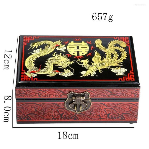 Sacchetti per gioielli Laccatura fatta a mano in legno massello Double Happiness Dragon Phoenix Box Nuvola di buon auspicio Esposizione di vanità per matrimoni cinesi