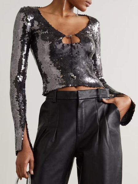 Kadın Tişörtleri Yaz 2023 Kadın Seksi Tasarımcı Tam Kollu Squins Glitter Gümüş Tops Bayanlar Modeli