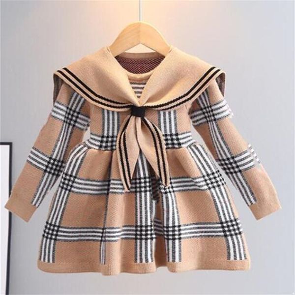 Primavera Autunno Neonate Abiti maglione lavorato a maglia Moda stile preppy Bambini Abito a maniche lunghe Cappotto Colletto Abito da principessa per bambini