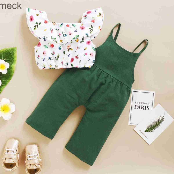 Conjuntos de roupas para meninas infantil 1-5 anos crianças roupas de menina de bebê impressão floral folha de lótus tampo curto + suspender calça 2pcs