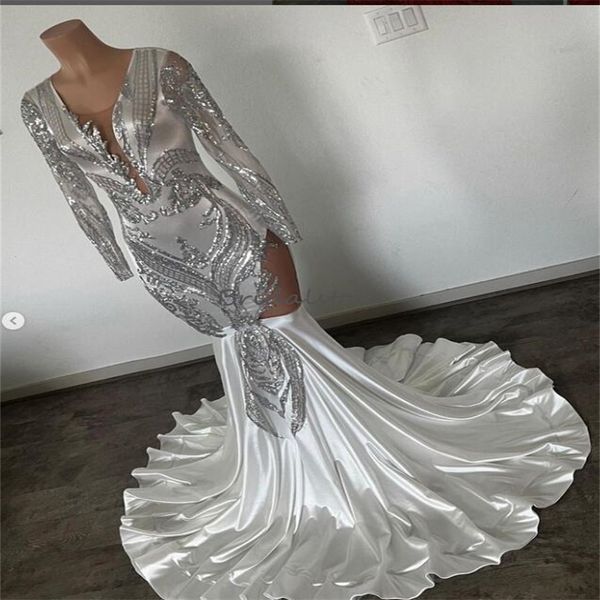 Siyah kız için güzel gümüş pullu balo elbisesi şık uzun kollu deniz kızı gece elbisesi 16 doğum günü için resmi parti fırsatları mezuniyet 2023 vestidos de noche