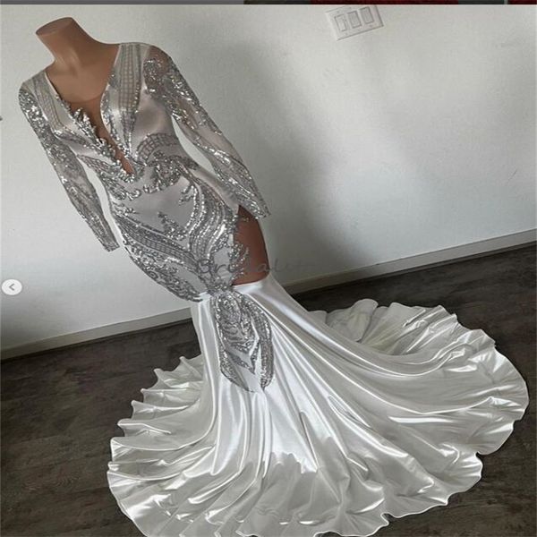 Vestido de baile de formatura de lantejoulas de prata para menina preta chique de manga longa vestidos de noite para 16 anos para festa formal ocasião