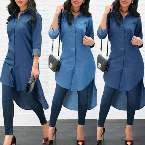 Camicette da donna Camicie Estate Moda da donna Blue Jeans Denim Plain Brief Button Turndown Collar Manica lunga Camicia casual allentata Abito camicetta 230417